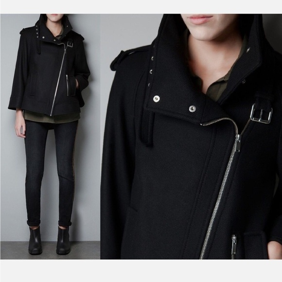 ZARA RARE BLACK COAT CAPE JACKET ASYMMETRICAL ZIP SIZE SMALL Peacoat Goth - Picture 1 of 13